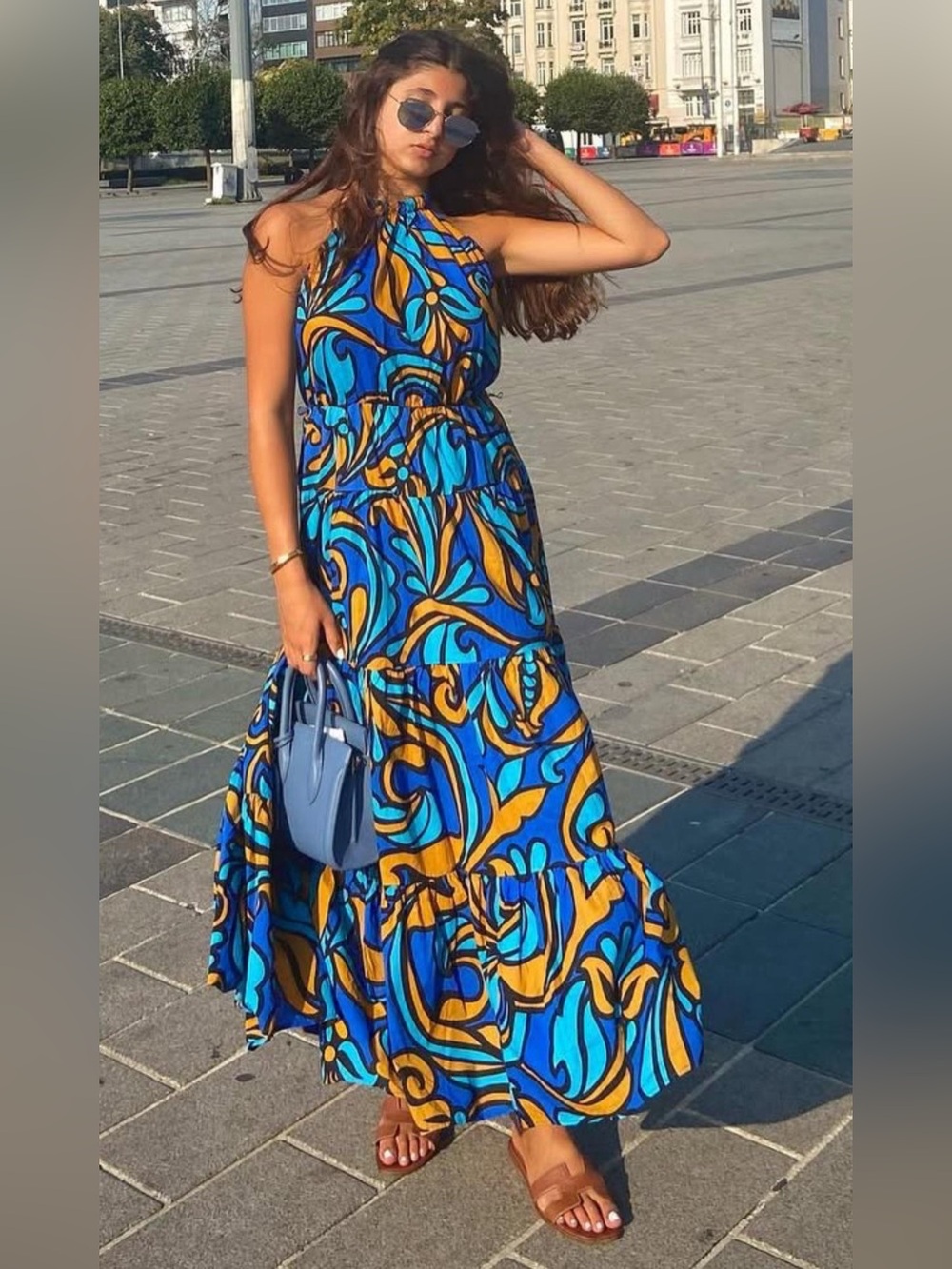 Zara Printed Halter Maxi Dress in Blue Orange Size S NWT - Picture 3 of 13